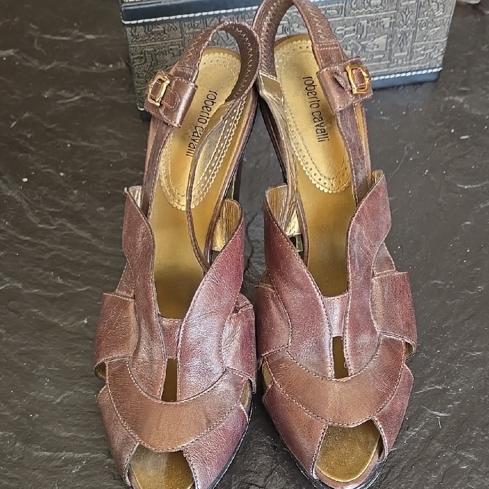 Roberto Cavalli Brown Leather Women's Shoes Size IT 41. Heel 5".